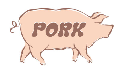 Vector illustration of pig in hand drawing style. Vector icon for food from pork.
