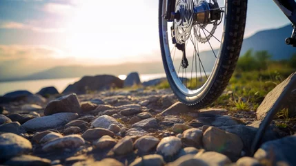 Küchenrückwand glas motiv bicycle  on a rocky road . Generative ai © Olena