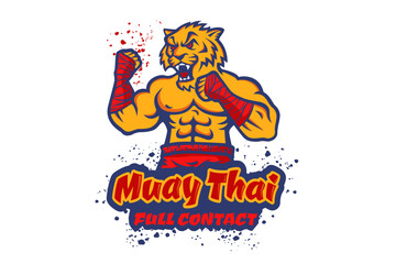 Vector template sport logo for fighting club with angry muscular tiger. Vector sport logo with tiger for Muay Thai club.