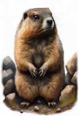 Fototapeta premium Marmot portrait on white background. AI Generated