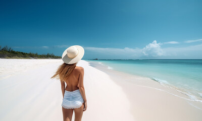 Beautiful young woman on a sandy tropical sea beach, view from the back. Generative AI