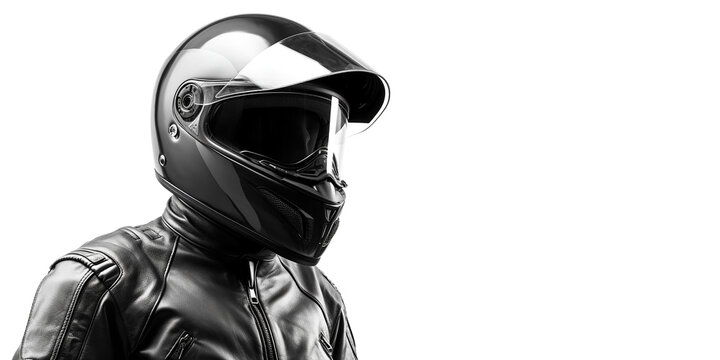 Portrait of a motorcyclist in a matching suit and helmet, close-up and against an isolated white background. Generative AI