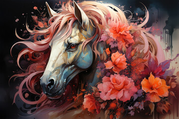 A whimsical watercolor magical unicorn floral nestled in a hidden grove, where the unicorn stands among a tapestry of enchanting flowers, their petals shimmering with a hint of magic, Generative Ai