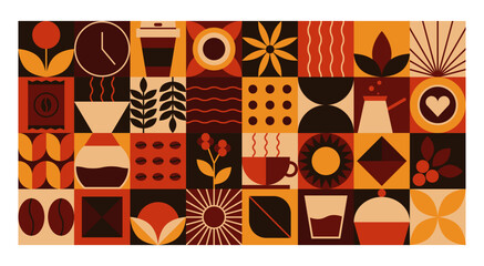 Abstract geometric food pattern. Minimal natural coffee leaf flower plants simple shapes, eco agriculture concept. Vector banner