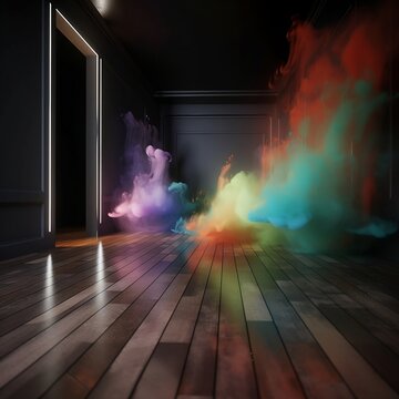 Sci Fy fading rainbow neon smoke in a dark hall, 3d rendering, abstract glowing lines ,futuristic , backround, Created using generative Ai,	
