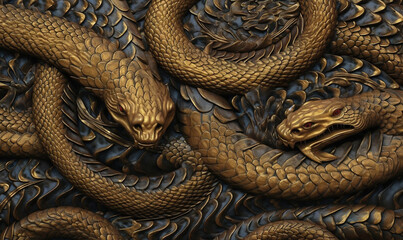  a group of gold colored snakes on a black background,.  generative ai