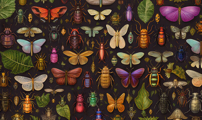  a group of colorful bugs and bugs on a black background.  generative ai