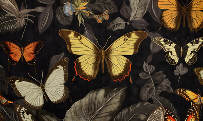  a bunch of butterflies that are on a black background with leaves.  generative ai
