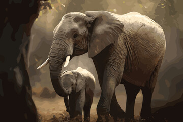 Elephant and her cub in nature, Generative Ai