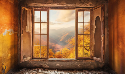  an open window with a view of a mountain range outside.  generative ai
