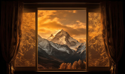  a window with a view of a snowy mountain and trees.  generative ai