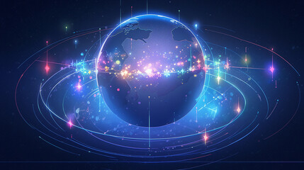 Obraz premium holographic world with dotted lines representing potential investment opportunities across different regions. international markets for business growth and asset investment.