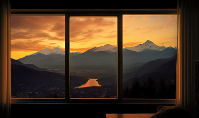  a window with a view of mountains and a body of water.  generative ai