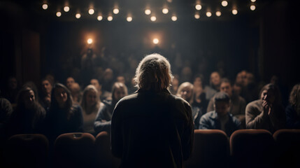  Präsentator vor Publikum im Kino