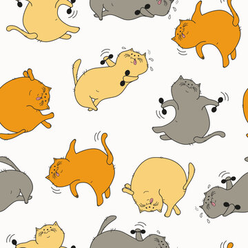 Pattern Set Cartoon  Cats . Fat happy cats doing gymnastics. Cat with dumbbells, in yoga pose.  Doodle. Vector illustration. Background isolated.