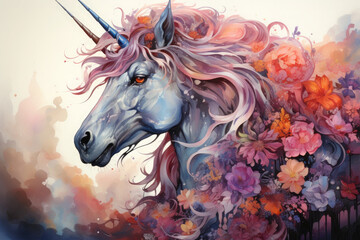 Naklejka na ściany i meble A mystical watercolor magical unicorn floral amidst an enchanted forest, where the unicorn's presence awakens a symphony of blooming flowers, their captivating colors, Generative Ai