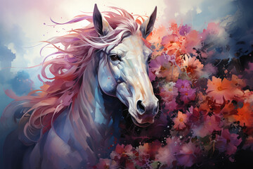 Fototapeta na wymiar A mystical watercolor magical unicorn floral amidst an enchanted forest, where the unicorn's presence awakens a symphony of blooming flowers, their captivating colors, Generative Ai