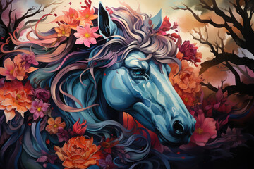 A mystical watercolor magical unicorn floral amidst an enchanted forest, where the unicorn's presence awakens a symphony of blooming flowers, their captivating colors, Generative Ai