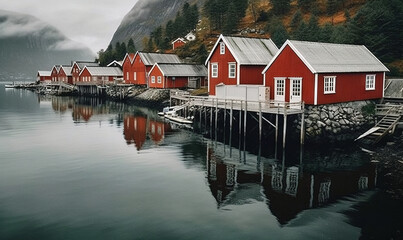 Naklejka premium a row of red houses sitting next to a body of water. generative ai