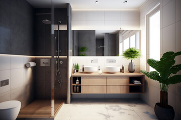 Luxury modern bathroom interior design with glass walk-in shower - Created with generative AI tools