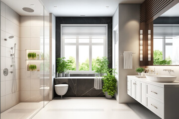 Fototapeta na wymiar Luxury modern bathroom interior design with glass walk-in shower - Created with generative AI tools