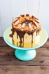 Peanut butter cake with salted caramel, melted chocolate and sweets on green cake stand