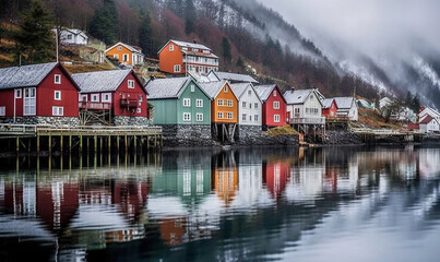 Fototapeta premium a group of houses sitting on the shore of a lake. generative ai