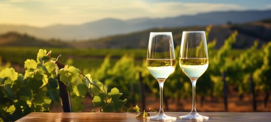 Vineyards, grape harvest banner - Closeup of two wine glasses with white wine on wooden table, with blurred landscape in the background  (Generative Ai)