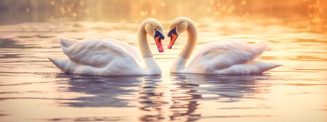 a pair of swans in love on the surface of the water at sunset forming a heart shape, banner made with Generative AI