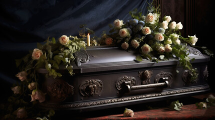 Fototapeta na wymiar Funeral ceremony. coffin and flowers. generative AI