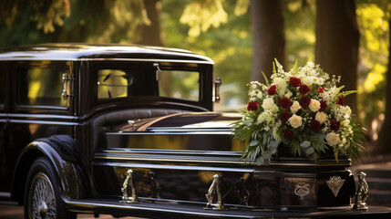 Fototapeta premium Funeral ceremony. hearse and flowers. generative AI