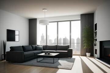 Fototapeta premium Modern interior design, in a spacious room, next to a table with flowers against a gray wall. Bright, spacious room with a comfortable sofa, plants and elegant accessories. Generative AI