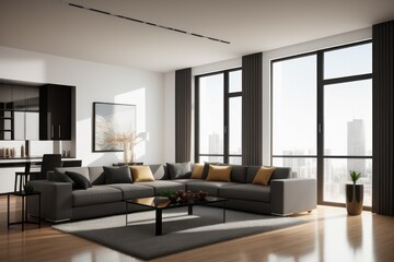Modern interior design of a living room in an apartment, house, office, bright modern interior details and sun rays from the window against the background of concrete walls. Generative AI
