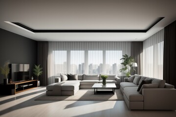 Fototapeta premium Modern interior design of a living room in an apartment, house, office, bright modern interior details and sun rays from the window against the background of concrete walls. Generative AI