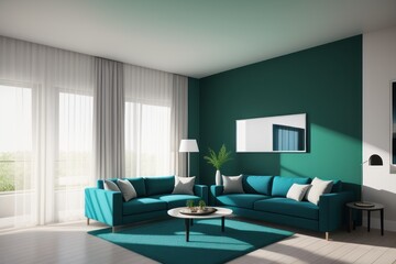 Modern interior design, green and grey colors in a spacious room, next to a table with flowers against a gray wall. Bright room with a comfortable sofa, plants and elegant accessories. Generative AI