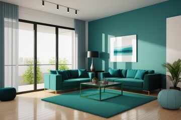 Modern green and gray interior design of living room in an apartment, house, office, bright modern interior details and sun rays from the window against the background of concrete walls. Generative AI