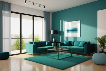 Fototapeta premium Modern green and gray interior design of living room in an apartment, house, office, bright modern interior details and sun rays from the window against the background of concrete walls. Generative AI