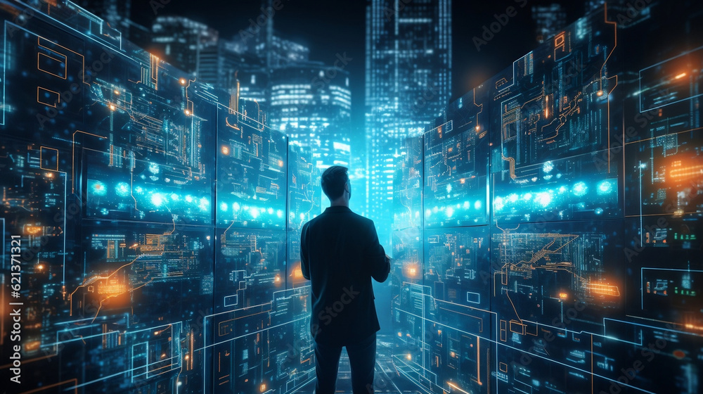 Wall mural a software engineer stands immersed in a cutting-edge virtual internet network connection within a d
