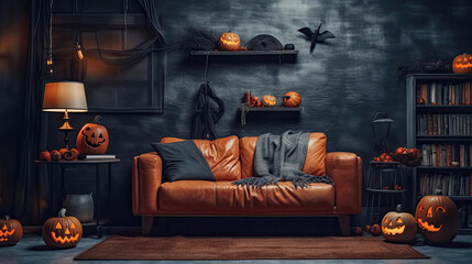 Modern interior decorated for Halloween