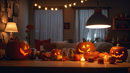 Modern interior decorated for Halloween