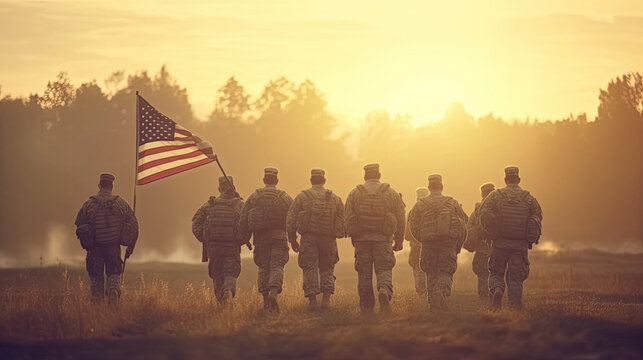 Back view of an AMERICAN soldier carrying an AMERICAN flag for Veteran Day