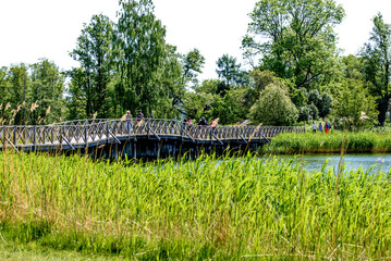 Beautiful view of wooden long bridge over lake in park on sunny summer day.