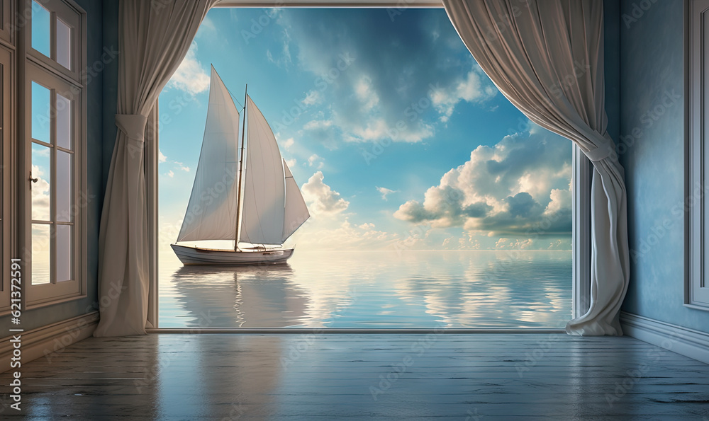 Poster an open window with a sailboat in the water and a cloudy sky. generative ai