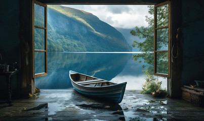  a boat sitting on top of a lake next to a window.  generative ai