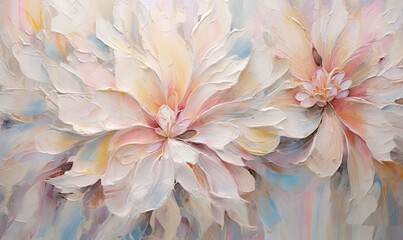 Fototapeta premium a painting of two large flowers on a white and blue background. generative ai