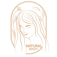 Beautiful Woman Logo With Gold Leaves and Flowers. Vector stock illustration. Women's beauty and cosmetology. isolated on a white background.