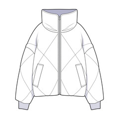 Winter puffer coat front view fashion flat sketch for Tech Pack. Warm Jacket, CAD drawing, black and white, vector graphics for garment production apparel brand, for women © Mariia