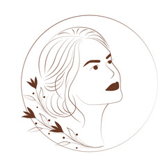 Beautiful Woman Logo With Gold Leaves and Flowers. Vector stock illustration. Women's beauty and cosmetology. isolated on a white background.