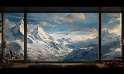  a window view of a snowy mountain range with birds flying over it.  generative ai