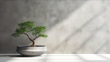 Blank clean polished cement wall and floor, large green bonsai tree in tall concrete pot in dappled sunlight, shadow for luxury interior design decoration, product background 3D